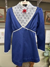 Vintage Girls Dress Navy Eyelet Lace High Neck Polyester Dress Handmade