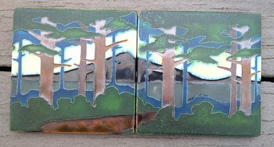 RARE 2 Motawi Tileworks Pine Tree Forest & Mountain Landscape 8'' x 8'' Art Tiles