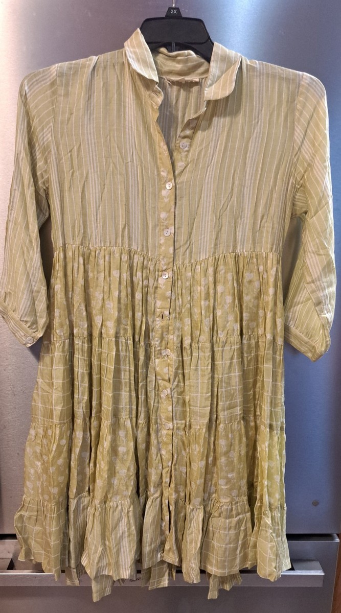 Anouk Grewal Floral Striped  Tiered Midi Shirt Dress Mint Green Cottagecore S View 3