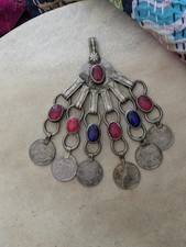 Vintage Kuchi Pendant Multi-Color Glass Cabochons  Coin Fringe  21714 