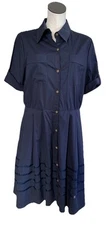 chetta b women 14 Navy short sleeve fit flare button front Shirt dress EE