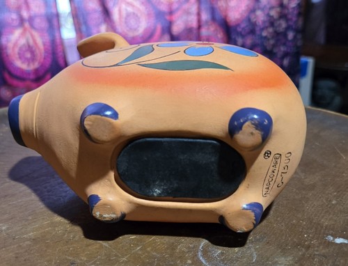 Vintage Kitschy Orange Piggy Bank MCM Retro Pig Flower Power w/Stopper Ceramic - Picture 6 of 9