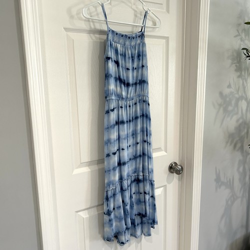SO Girl Maxi Sun Dress Size 10/12 L Blue White Tie Dye Sleeveless Ruffle Smocked - Picture 3 of 10