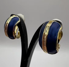 Navy Enamel & Gold Tone ClipOn Huggie Earrings, New Old Stock, BENSONS of LUDLOW