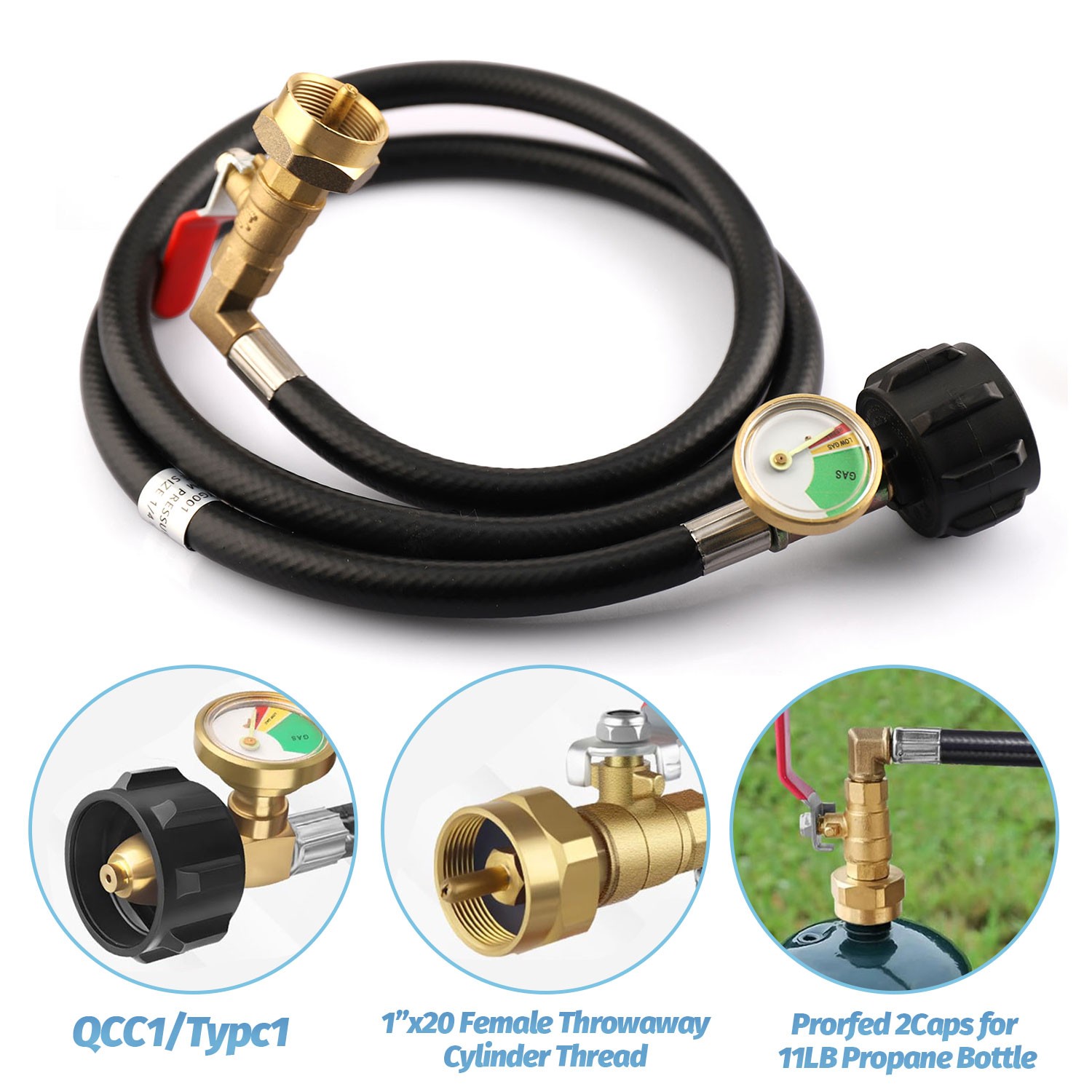 1LB To 20LB Propane Refill Adapter Extension Hose With Gauge On-Off Control 40''