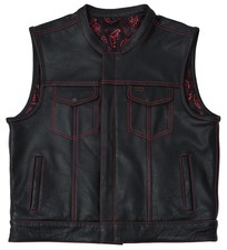 Men's Motorcycle Leather Vest Club Style   Biker Vest With Red Paisley