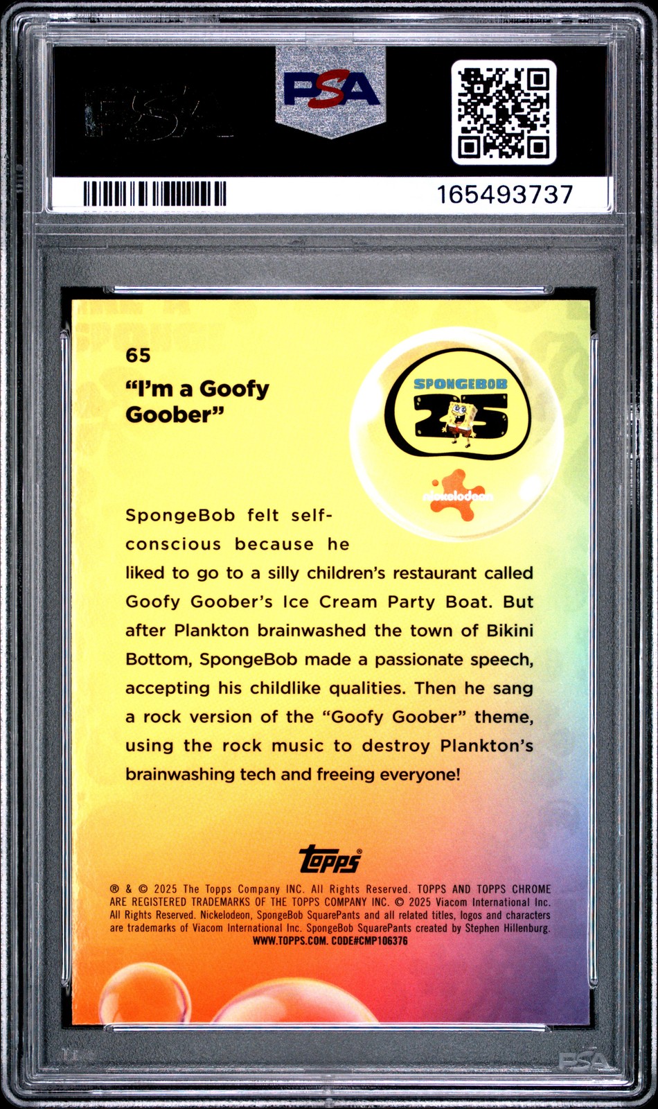 2025 TOPPS CHROME SPONGEBOB 25TH ANNIVERSARY #65 "I'M A GOOFY GOOBER" PSA 9 view 2