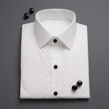 Men's White Pleated Bib Dress Shirt French Cuff Studs Classic Tuxedo Style