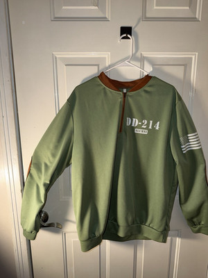 Men's Green Quarter-Zip Graphic Pullover Sweatshirt L DD-214 Alumni Flag Patch