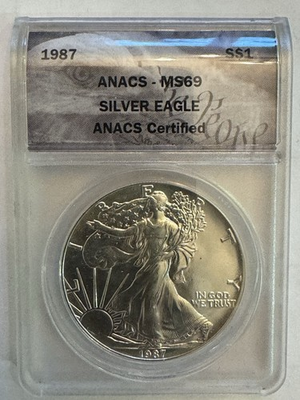 #ad 1987 1oz 0.999 FINE SILVER. AMERICAN SILVER EAGLE. ANACS CERTIFIED MS 69. $139.99