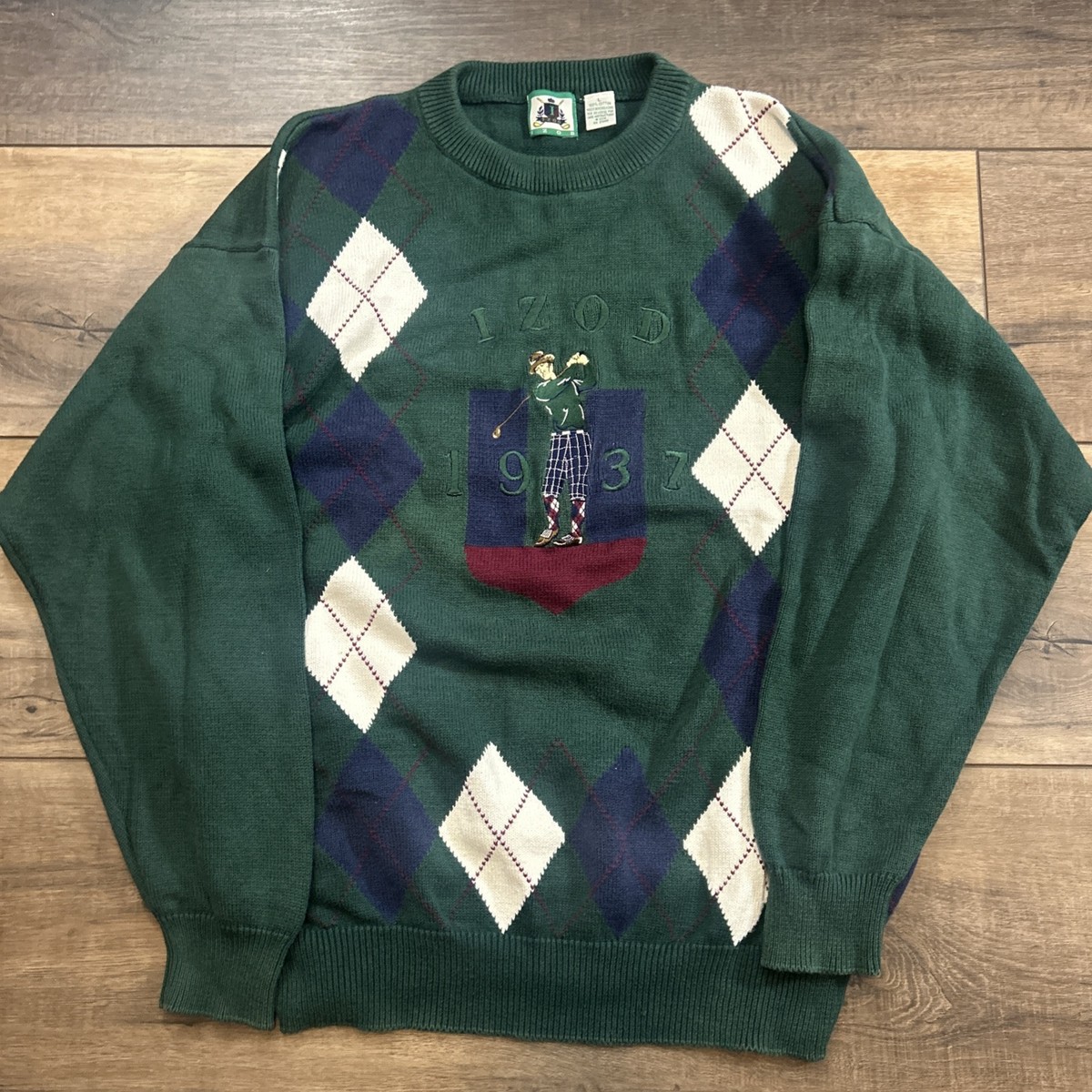 Vintage IZOD Golf Knit Sweater Men's Large Green Embroidered Spell - Main Image