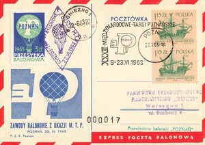 1963 Poland Balloon Mail Poznań Balloon Flight Card Balloon Post Cover #00017