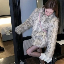 Winter Fox Fur Mid Long Fur Coat Women's Fashion Loose Zipper Long Sleeve Tops