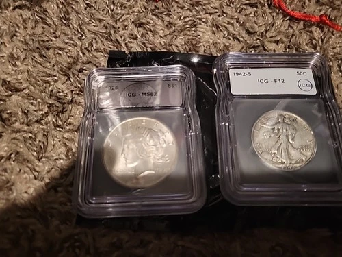 New Listing2x 90% Silver ( 1925 Peace Dollar IGC MS62& 1942-S ICG -F-12)