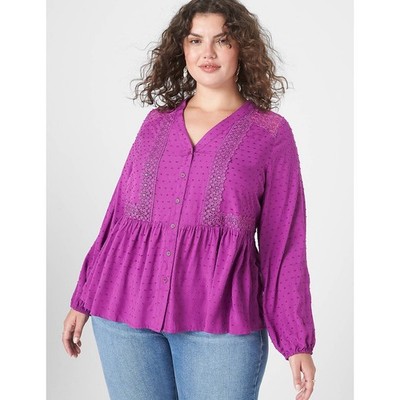 LANE BRYANT Long-Sleeve Split-Neck Button-Down Purple Peplum Blouse NWT | 18