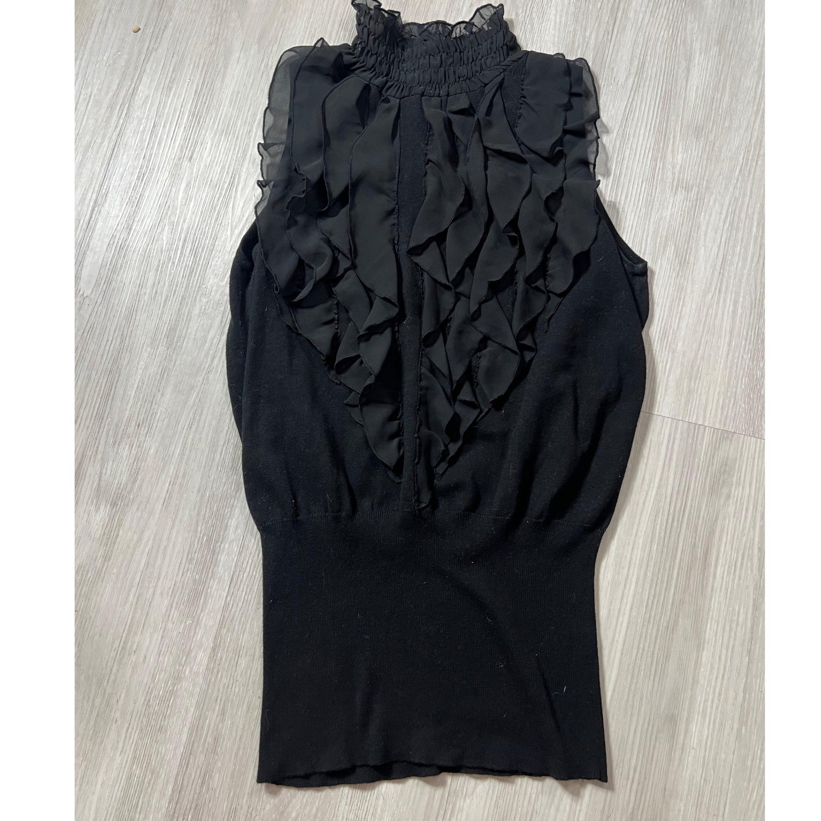 Tracy M Womens Black Ruffle High Neck Sleeveless Knit Blouse Top Large