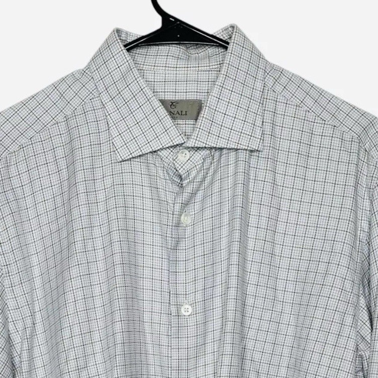 Canali Dress Shirt Mens 42 - 16 1/2 Blue & Brown Plaid Cotton Made In Italy