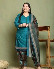 Fashion Green Cotton Blend Printed Plus Size Patiala Salwar Suit.