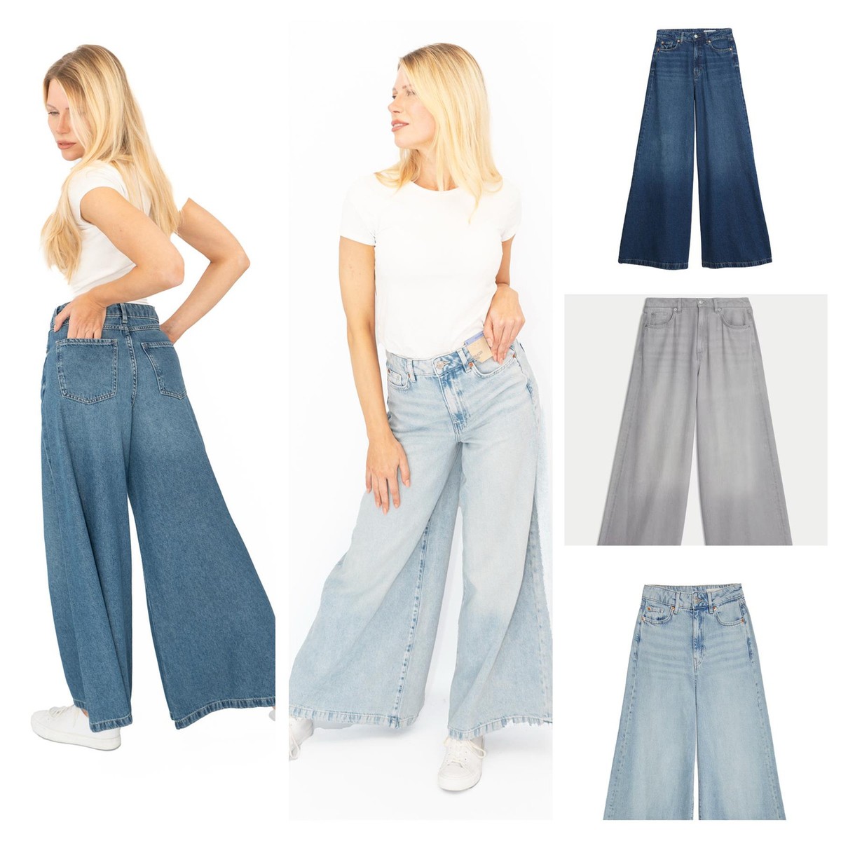 Womens M&S Palazzo Jean Wide Leg Lyocell Cotton Grey Blue Dark