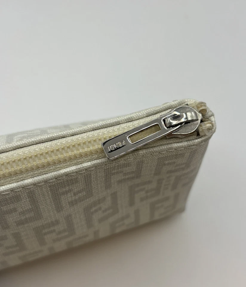 FENDI Zucca White PVC Cosmetic Pouch Clutch Bag FF Logo Small Italy - Image 2 of 4
