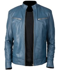 Chaqueta de motociclista de cuero genuino azul para hombre estilo clásico café corredor