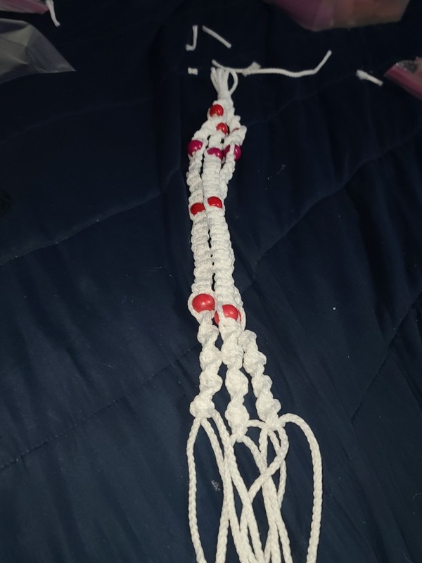 WHITE CORD WELL MADE MACRAME PLANT HANGER WITH BEADS  - 33IN