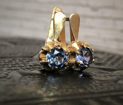 Lovely USSR Vintage Topaz Stone Earrings Gilt Silver 925 Soviet Women's Jewelry