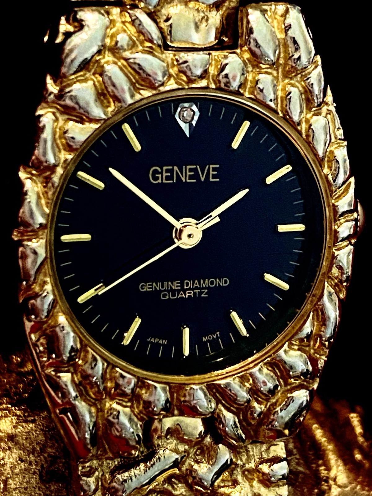 Vintage Geneve Gold Nugget Watch | Genuine Diamond Black Dial Japan, New Battery
