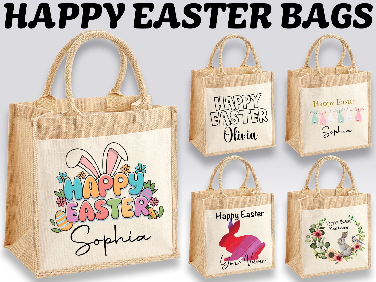 Bolso Midi Personalizado de Yute Alegría de Pascua Conejito y Diseño Floral R...