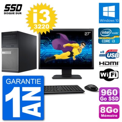 PC DELL 3010 MT Bildschirm 27 '' i3-3220 RAM 8Go SSD 960Go HDMI Windows 10 Wifi