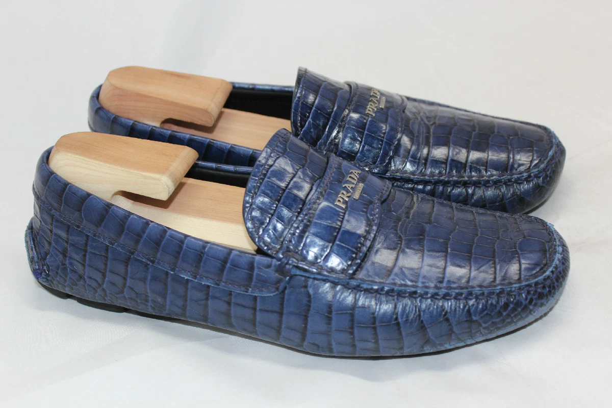PRADA Mens Blue Alligator embossed lace up loafers Prada Men main image 3
