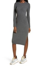 Nordstrom All in Favor Ribbed Long Sleeve Midi Dress In Charcoal Grey Large
