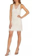 ADRIANNA PAPELL Beaded Shift Embellished V-neck Dress Ivory White Size 4