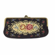 Vintage Floral Roses Needlepoint Coin Purse Multicolor Gold Black 1950's