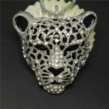 Hot Fashion Women Silver-plated Leopard Head Crystal Pendant Chain Necklace