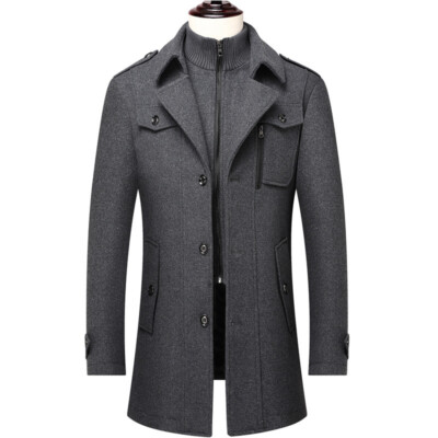 Men's Wool Coat Winter Slim Fit Pea Coats Single Breasted Trench Jacket Overcoat
