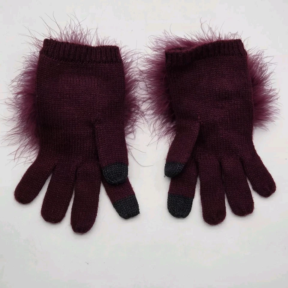 Guantes Kate Spade Pantalla Táctil Tejidos Piel de Zorro Pompones Burdeos Borgoña S/M Foto 2 de 4