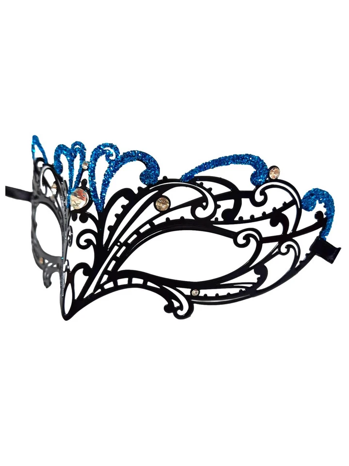 Turquoise Petite Black Crystal Glitter Masquerade Metal Filigree Mask - Image 3 of 4