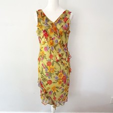 Vtg Women Y2K 100 Silk Sheer Floral Ruffle Dress Sz 4 Bloomcore Fairy Garden