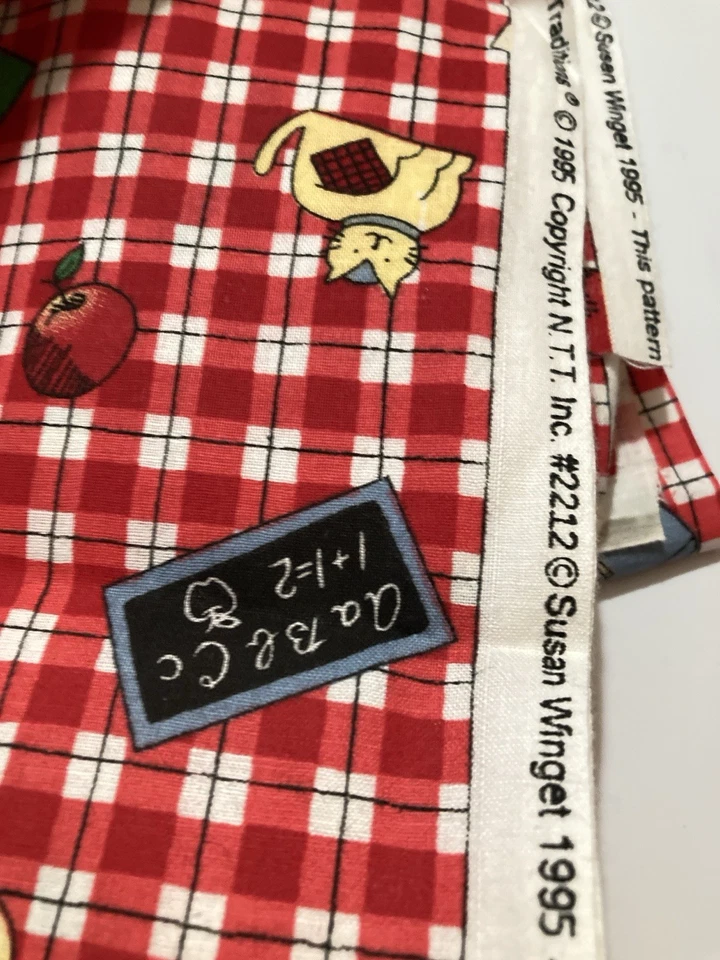 Lot of 4 Fabric Scraps School Books Cat Apple Bell on Red Plaid Susan Winget '95 - Image 2 of 2
