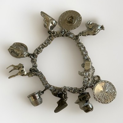 1970s Sterling Silver Charm Bracelet w 9 Charms Baby Shoes Rooster Wishing Well
