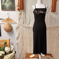Vintage Betsey Johnson Evening Black Slip Dress Floral Applique and Lace 90's SM