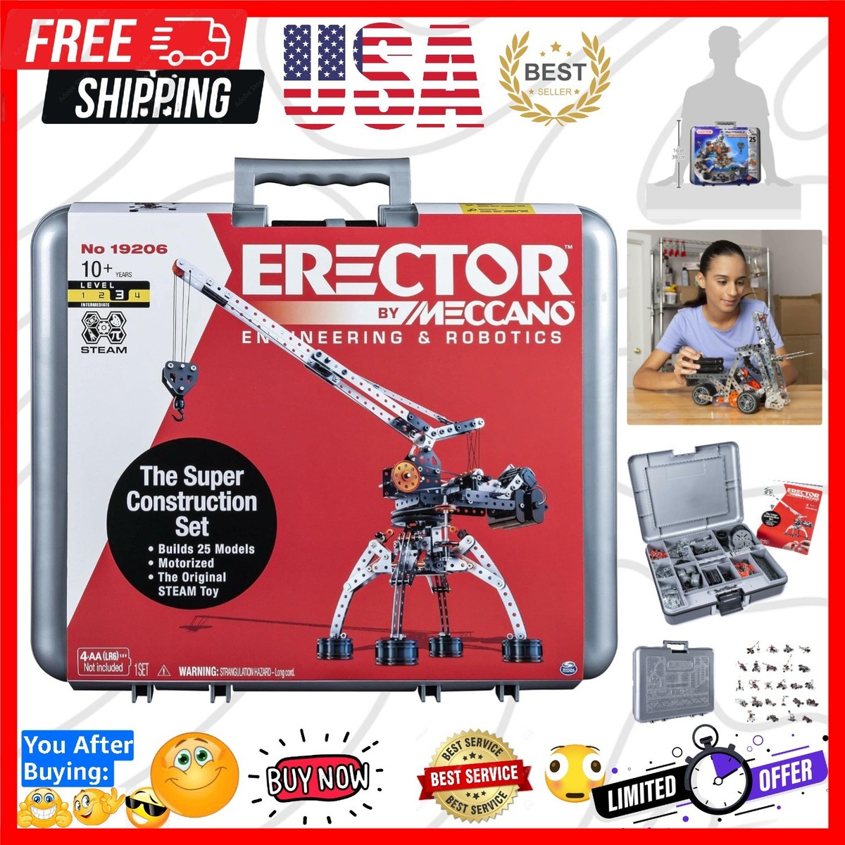 Erector Super Construction 25-in-1 Motorized Building Set, Steam