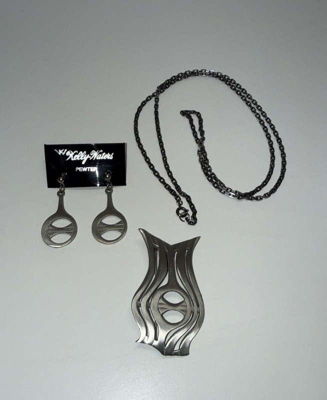 Kelly Waters Vintage Modernist Pewter Brooch/Necklace & Earrings Set
