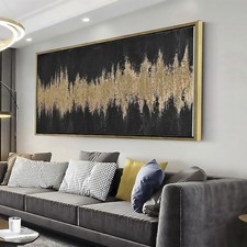 20"x40" Framed Black and Gold Abstract Sound Wave Textured Wall Art, Minimali...