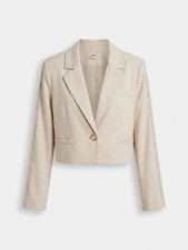 Jason Wu-Linen Blend Crop Blazer Sz L Beige One Button Woven Detail Arms- Pocket