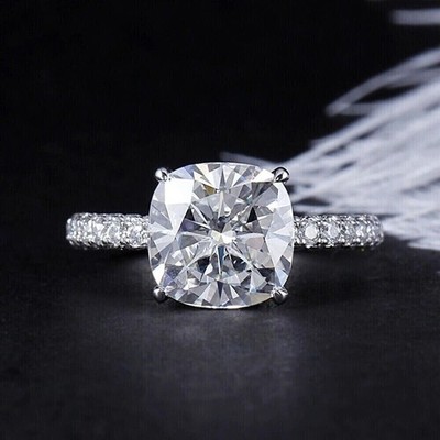 2.50 CT Cushion Cut Hidden Halo Moissanite Engagement Ring 14K White Gold Plated