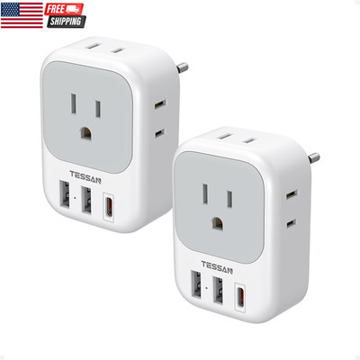 2 Pack European Travel Plug Adapter,  Europe Power Converter 4 Outlets 3 USB(1 U