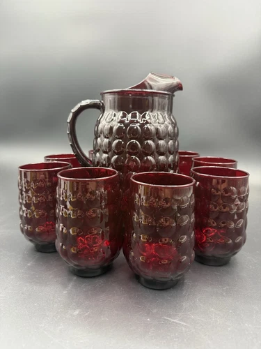 Vintage Anchor Hocking Royal Ruby Red Bubble Glass Pitcher & 8 Tumblers/Glasses