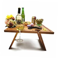 Portable Wine Picnic Table, Acacia Wood, Larger Tray Foldable, Charcuterie